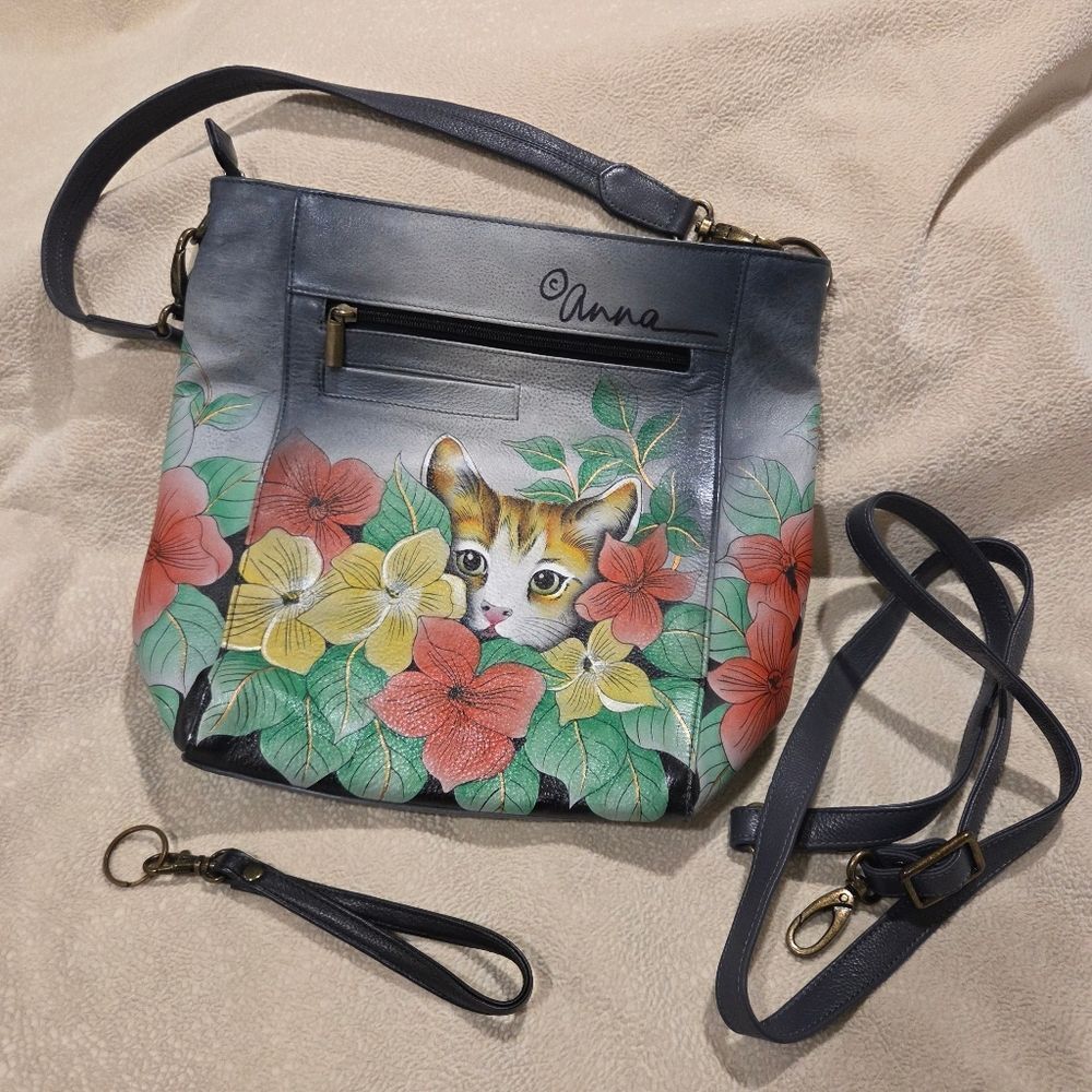 Anna By Anuschka Tall Leather Bucket Hobo, Painted Cats